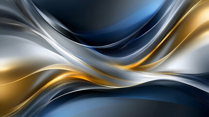 Abstract background with flowing waves of dark blue, gold, and silver, creating a sense of depth and movement with a modern, luxurious feel