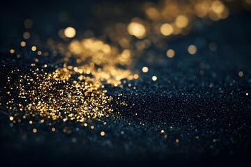 Wall Mural - Abstract dark blue background with shimmering gold particles scattered across, evoking the festive spirit of Christmas or New Year, with plenty of space for text
