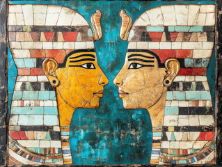 Egypt style art, A vibrant depiction of two ancient Egyptian figures, showcasing intricate details and colors, reflecting cultural heritage and artistic mastery.