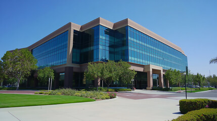 Wall Mural - High-end commercial office building with large windows and concrete panels at highway corner in Glendora, California, modern architecture. silhouette of an office building in a sunset

