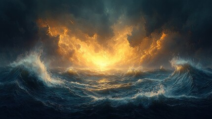 Canvas Print - Fiery sunset, stormy ocean waves.