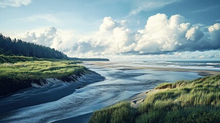 Canvas Print - Serene River Meets the Ocean Under a Cloudy Sky