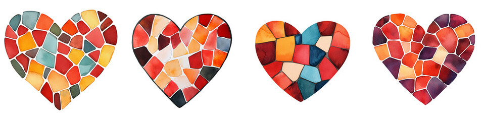 Wall Mural - Four colorful, mosaic hearts displayed in a row, each with a unique arrangement of vibrant tiles.