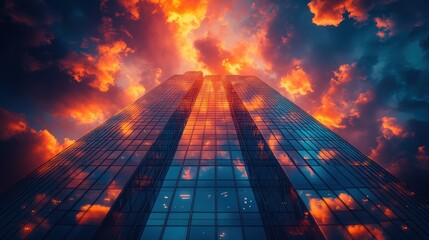 Wall Mural - Here's a 10-word description:..Glass skyscraper reflects fiery sunset cloudscape.