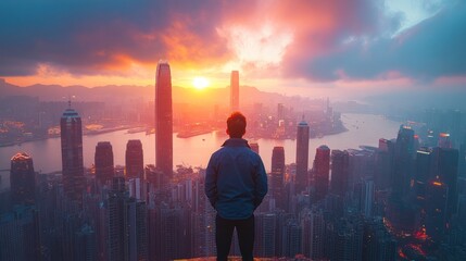 Wall Mural - Sunrise cityscape view, lone person overlooking.