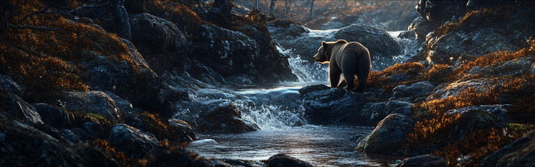 Wall Mural - A bear approaching a mountain stream, surrounded by dark granite rocks covered in lichen, with evening light softly illuminating the scene.  