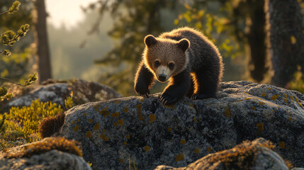 Wall Mural - A bear cub climbing over a granite boulder, with the soft glow of lichen and early morning mist creating a serene and playful atmosphere. 