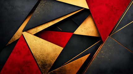 Wall Mural - Geometric 3D abstract design with sharp angular shapes, metallic textures, and vibrant colors like gold, red, and black, offering a bold and edgy visual effect