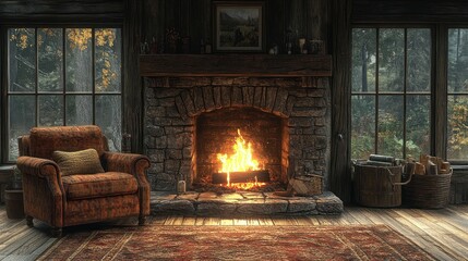 Canvas Print - Cozy cabin interior, fireplace burning, forest view.