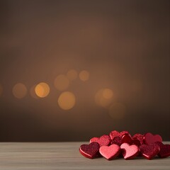 Wall Mural - Glittering red hearts on a wooden surface with soft bokeh background