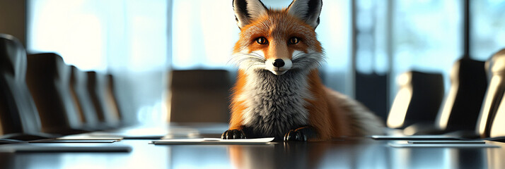 Wall Mural - A charismatic fox presenting at a boardroom table, surrounded by abstract patterns that convey energy and innovation in business discussions.  