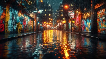 Wall Mural - Rain-soaked graffiti alley, vibrant city night.