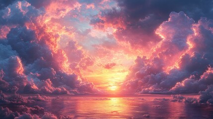 Canvas Print - Vibrant sunset, ocean reflecting fiery clouds.