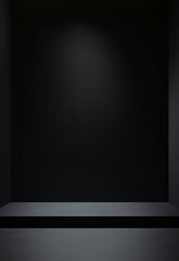 Wall Mural - black podium or pedestal display on dark background with long platform a dramatic black stage set in