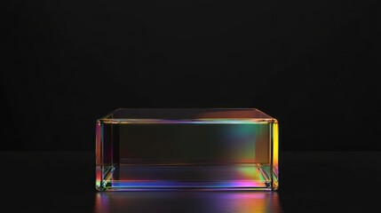 Wall Mural - glass cube on dark background with rainbow light.
