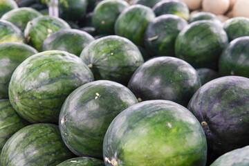 Wall Mural - A pile of whole fresh watermelons displayed in a fruit shop is suitable for design purposes, as an illustration for articles about fruits and others.