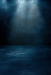 Wall Mural - a dark room with a blue wall and a light shining on it mysterious dark atmosphere with fog and light