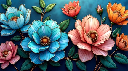 Wall Mural - A colorful bouquet of flowers with blue, pink, and red petals