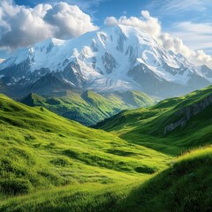 Mont Blanc in summer, with green meadows stretching towards the snow-capped peaks. The contrast between the lush grass and white summit is stunning