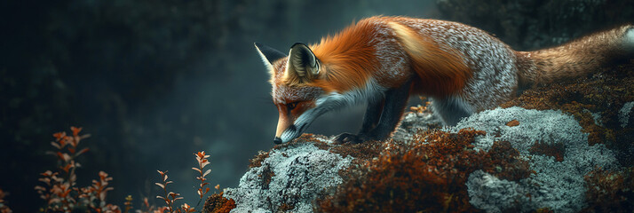 Wall Mural - A curious fox sniffing at a lichen-covered rock, its fur softly lit by the moonlight, as a gentle mist rises around it, creating an ethereal atmosphere.  