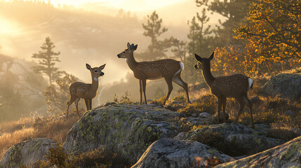 Wall Mural - A family of deer grazing peacefully on lichen-covered granite rocks, with soft fog drifting in the background and the golden light of dusk setting the scene. 