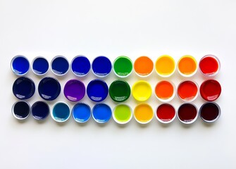 Wall Mural - Row of paint bowls with different colors, including blue, green, yellow, and red. The bowls are arranged in a line, with the blue bowl on the left and the red bowl on the right