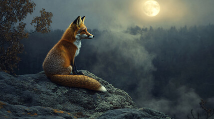 Wall Mural - A fox sitting on a lichen-covered granite boulder, illuminated by the soft glow of the moon, with delicate mist swirling around its paws, and the peaceful landscape in the background. 