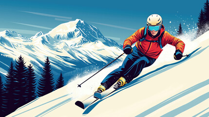 Wall Mural - Professional skier on a ski slope, skiing on ski resort, flat illustration, vector art poster, ski poster, sport poster, ultra-high resolution