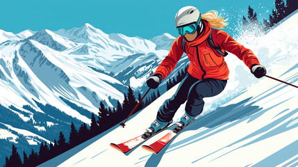 Wall Mural - Professional skier on a ski slope, skiing on ski resort, flat illustration, vector art poster, ski poster, sport poster, ultra-high resolution