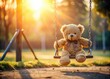 © Autun - A serene outdoor scene: a sad teddy bear sits alone in a shallow depth of field, evoking childhood memories.