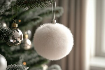 Wall Mural - Christmas tree decorations with fluffy white ornament and shiny ball