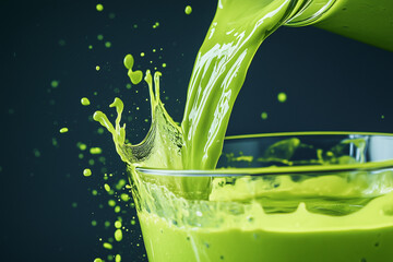 Wall Mural - glass of green juice is being poured into another glass. The juice is a vibrant shade of green, and the glass is clear, allowing the color of the juice to be clearly visible