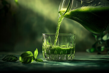 Wall Mural - pitcher of green juice is poured into a glass. The glass is filled with green liquid and a leaf is floating in it