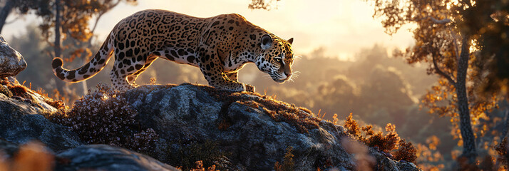 Wall Mural - A jaguar gracefully prowling along a granite ridge, its sleek figure highlighted by the soft glow of the setting sun, with the landscape covered in lichen.  