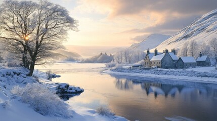 Sticker - Winter Wonderland: A Frozen River and Stone Cottage