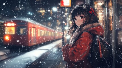 Wall Mural - a woman standing in front of a train in the snow