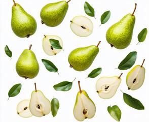 Wall Mural - Floating Green Pears and Leaves: Fresh Fruit Background