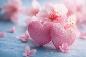 Wall Mural - Pink pastel hearts and flowers, valentine or birthday greeting card