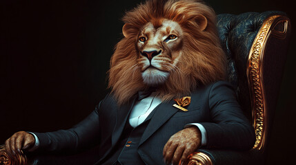 Wall Mural - A majestic lion in a tailored suit, reclining in a luxurious office chair, with abstract elements representing leadership and strength in the business world. 