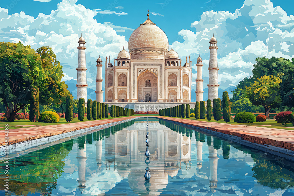 Flat vector illustration of the Taj Mahal in the morning with a ...