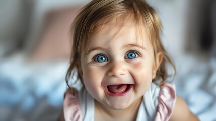 Wall Mural - A close up of a baby girl with big blue eyes, smiling and looking at the camera.