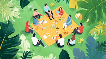 Wall Mural - A playful meeting set on a giant picnic blanket in a park, where professionals collaborate over organic snacks, symbolizing community and wellness in business. 