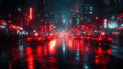 Wall Mural - Rainy city night, red lights, wet streets, taxis.