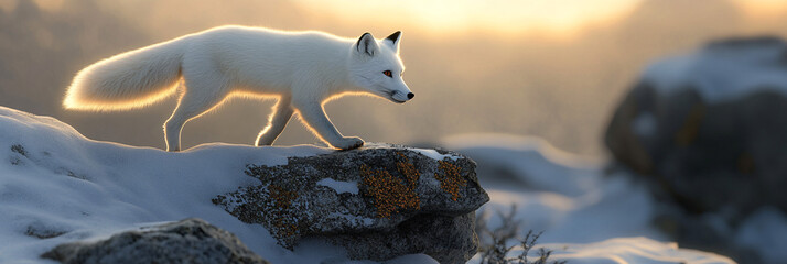 Wall Mural - A polar fox walking across snowy granite, its white fur glistening in the twilight as lichen peeks through the snow.  