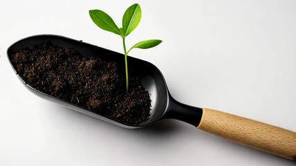 Wall Mural - Small plant is growing in a scoop of dirt. The scoop is black and wooden. The plant is green and he is a seedling