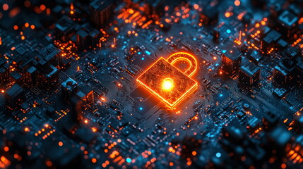 Poster - Cyber Security: Digital Lock on Circuit Board.