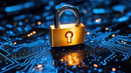 Poster - Cyber Security: Padlock on Circuit Board.