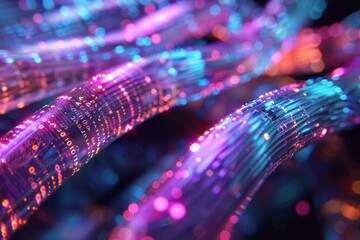 Wall Mural - fiber optic cables transmitting binary code in a vibrant, colorful network represent modern technolo