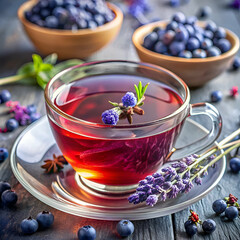 Delicate herbal tea with blueberries and lavender.