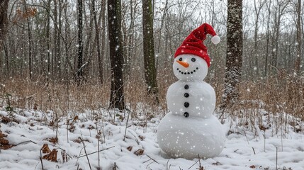 A jolly snowman with a red Christmas hat, standing in a quiet, snow-filled forest.